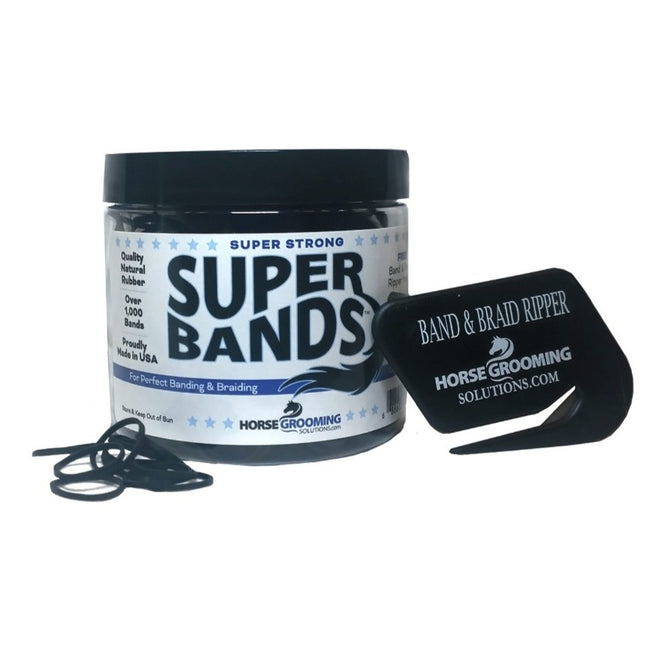 Super Bands container with black bands and braid ripper on a white background