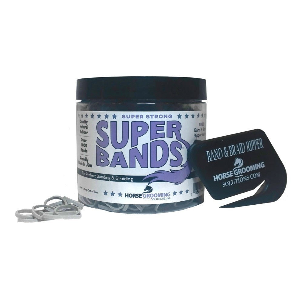 Super Bands jar with grey bands and braid nipper on a white background