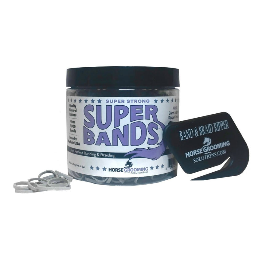 Super Bands jar with grey bands and braid nipper on a white background