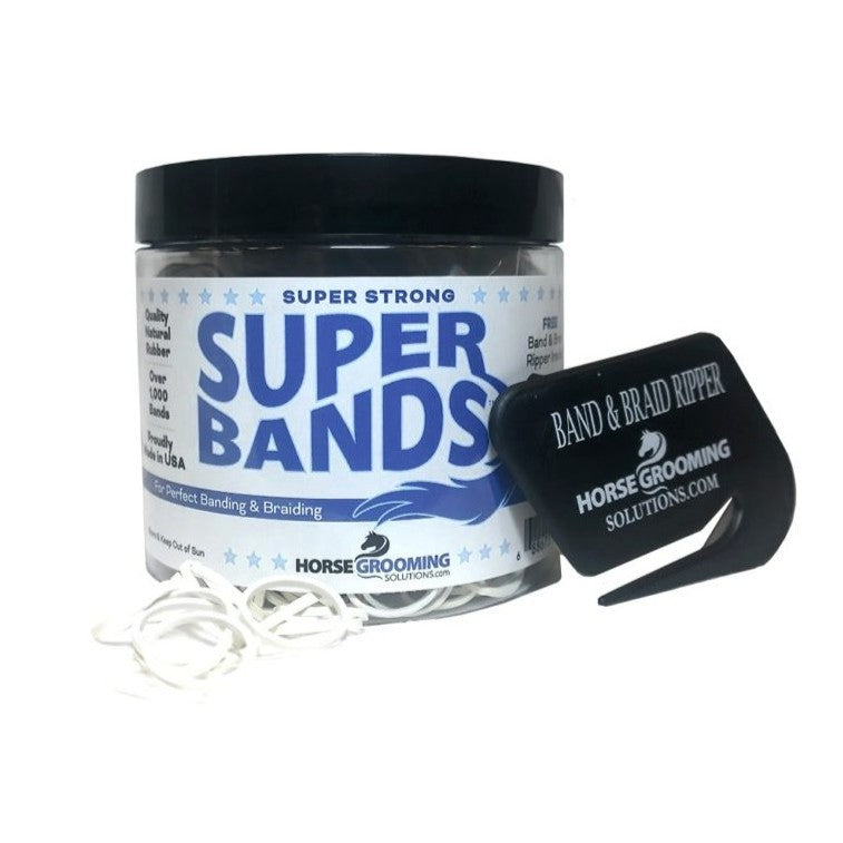 Super Bands jar with white bands and braid ripper on a white background