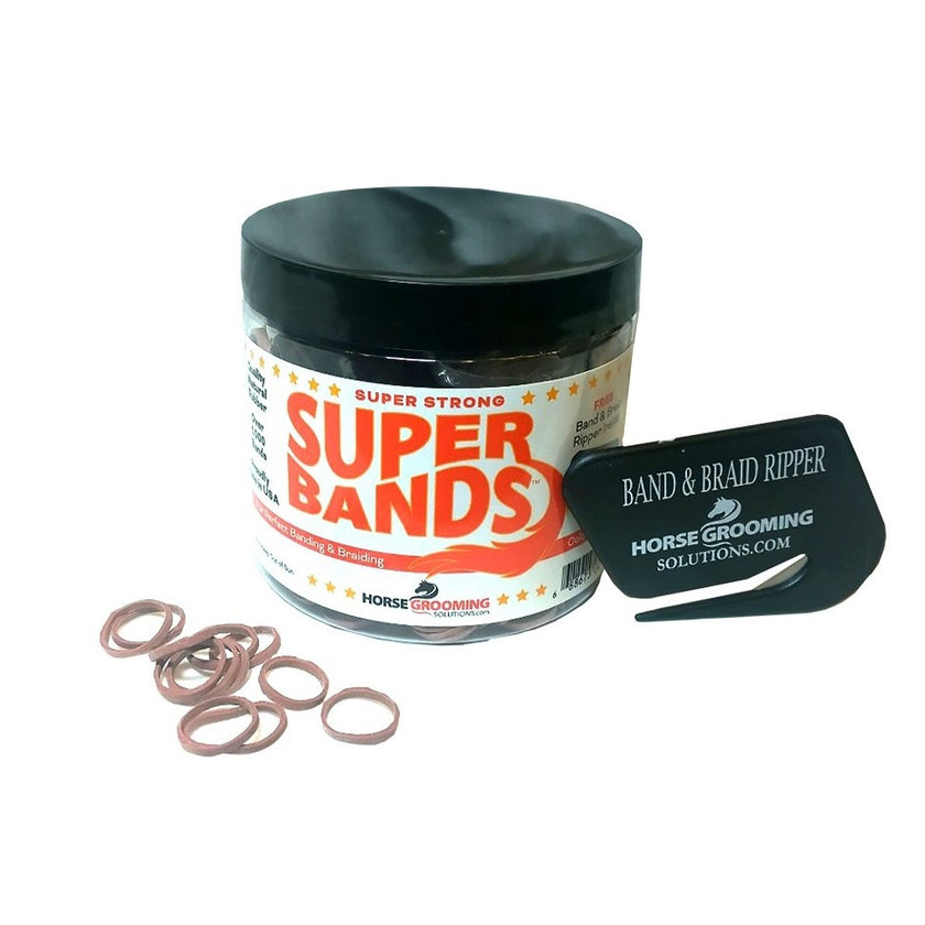 Jar of 'Super Bands' with rubber sorrel bands and a 'Band & Braid Ripper' on a white background
