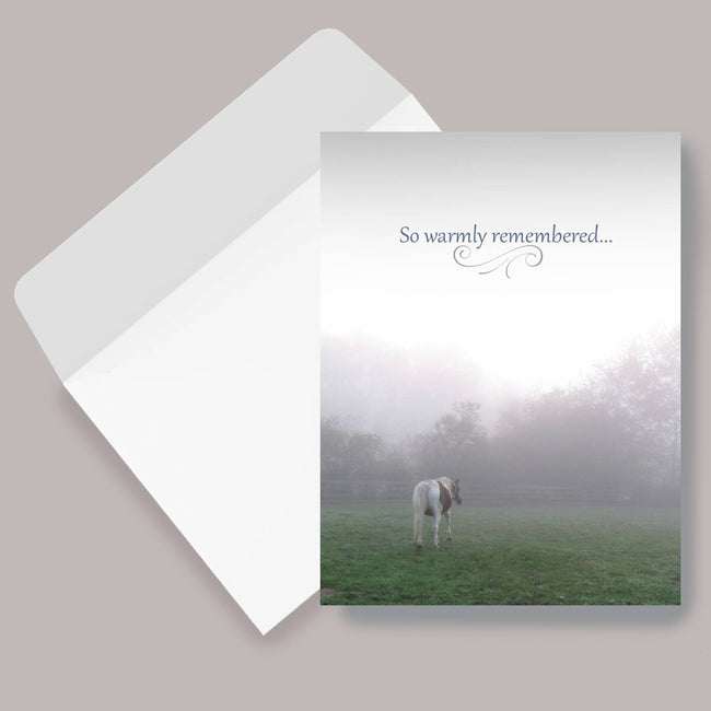 Sympathy Card - So Warmly Remembered... -  with a horse in a misty field and 'So warmly remembered' text, on a matching envelope.