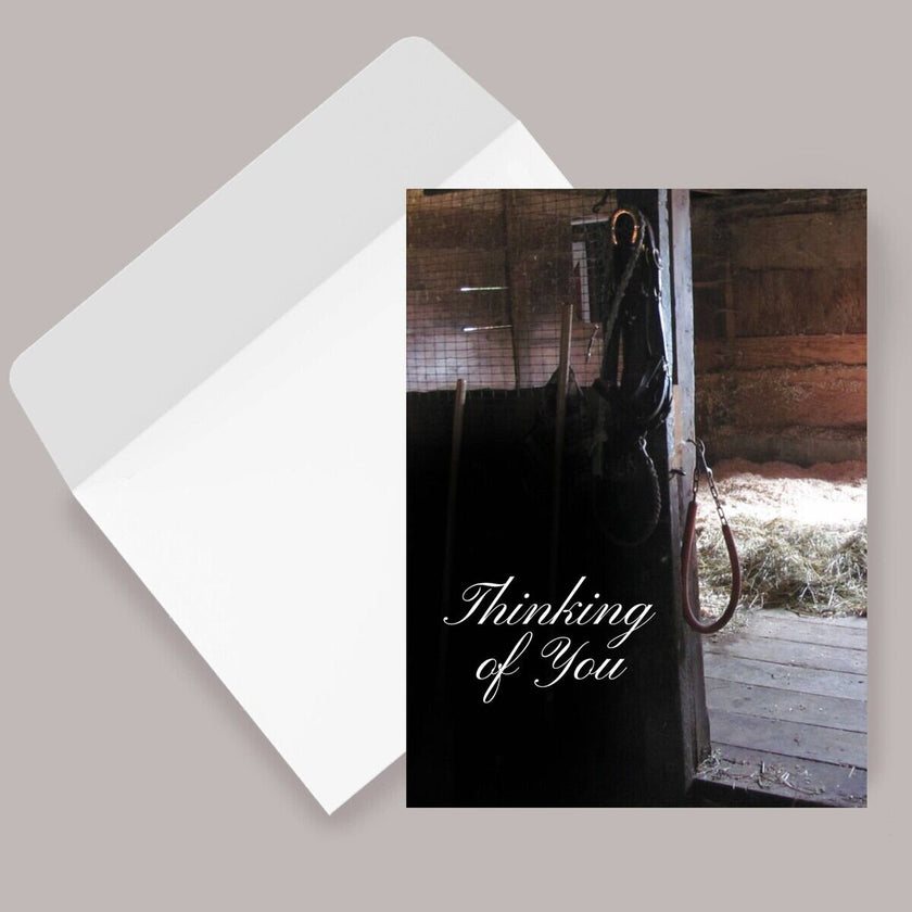 Sympathy Greeting Card - Thinking of You with horse in stable and 'Thinking of You' text on a gray background