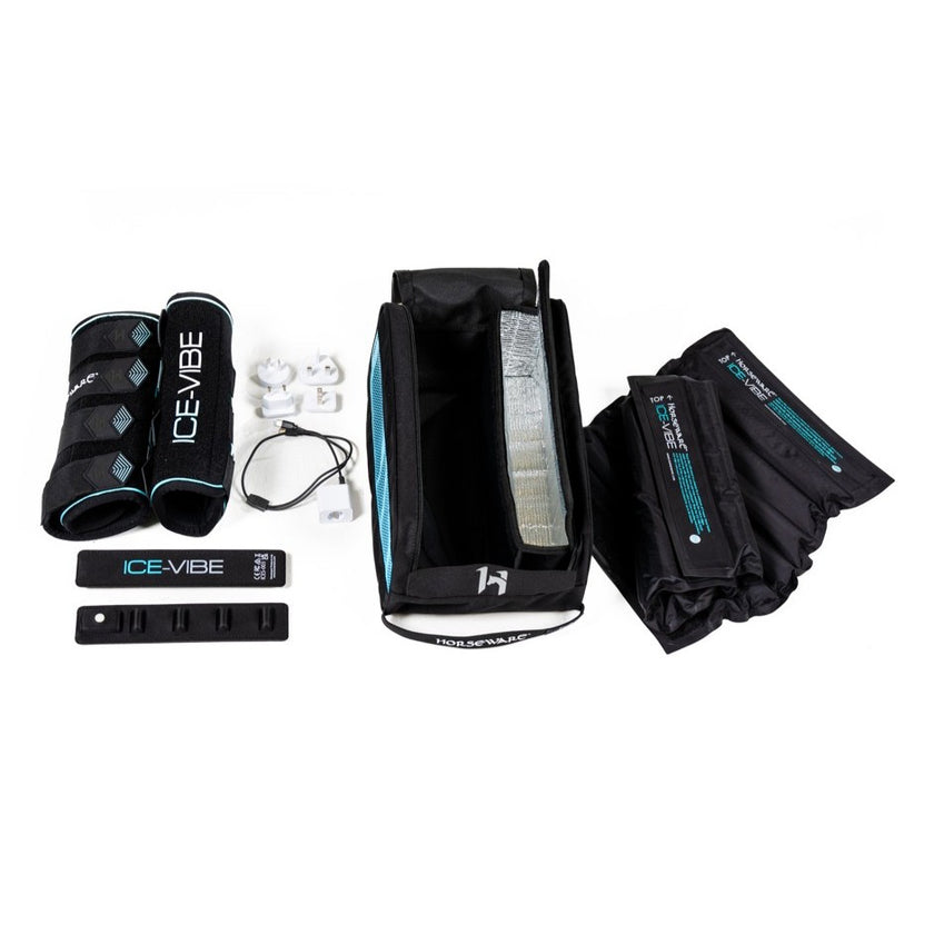 Horseware® Ice-Vibe® Leg Wraps - set comes complete with two leg wraps, two ice packs, two massage panels, one charger and a lightweight storage bag