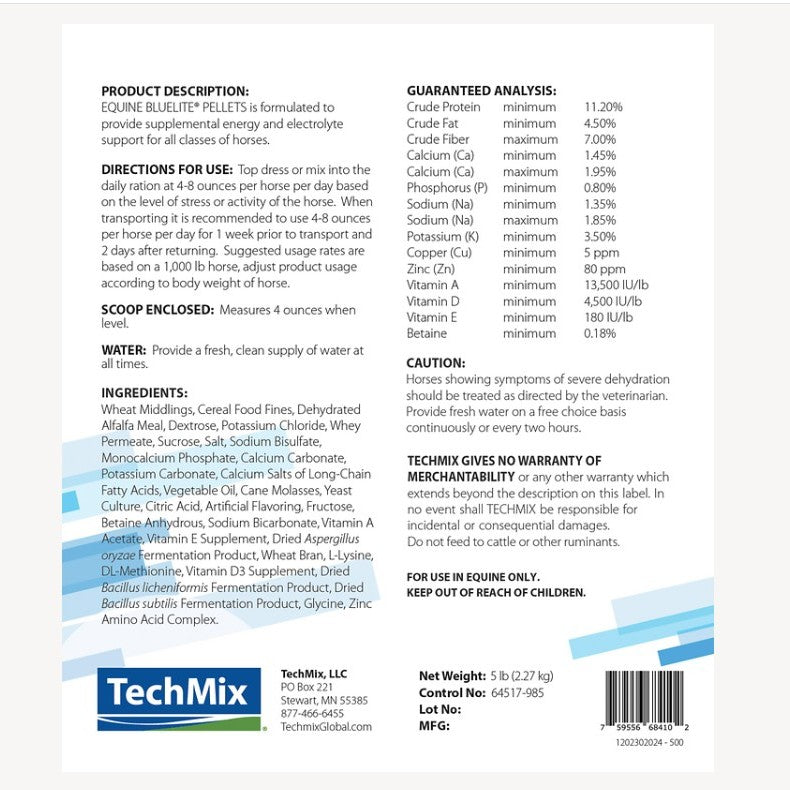 TechMix Equine BlueLite® Electrolytes 5 pound pellet product details