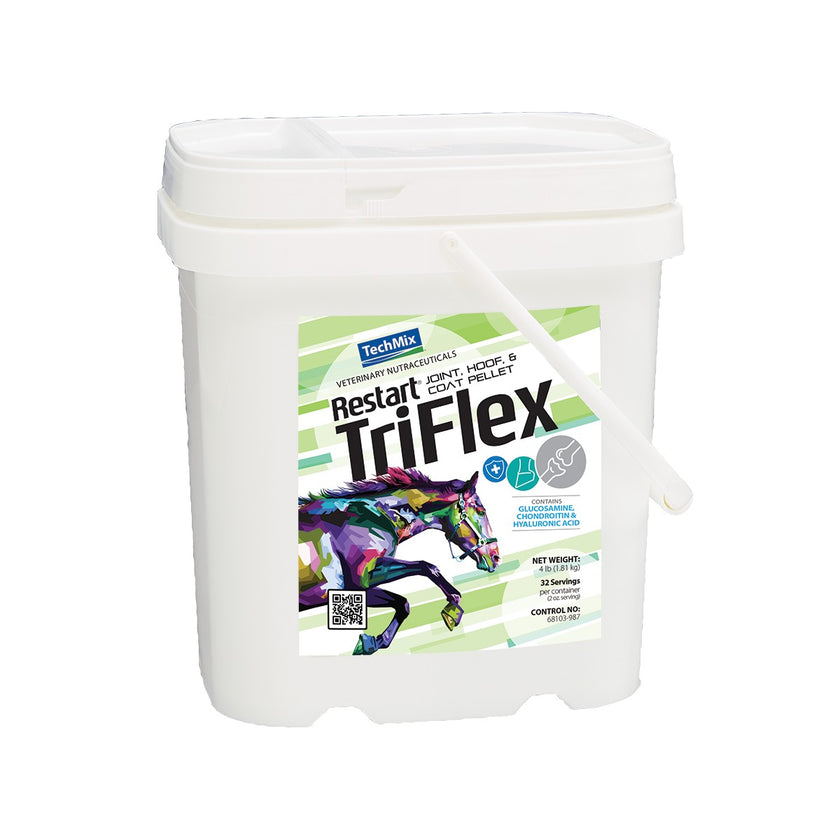 White 4 pound container of TriFlex Restart supplement for horses on a white background