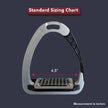 TuffRider® Tech Safety Stirrups - Equestrian stirrup with measurement details on a dark background