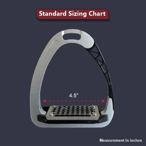 TuffRider® Tech Safety Stirrups - Equestrian stirrup with measurement details on a dark background
