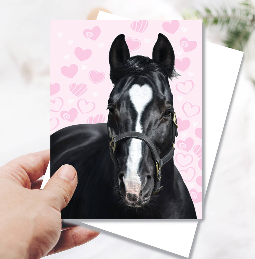Thank You Card - Horse with Heart with a horse illustration on a pink background with hearts, held by a hand.