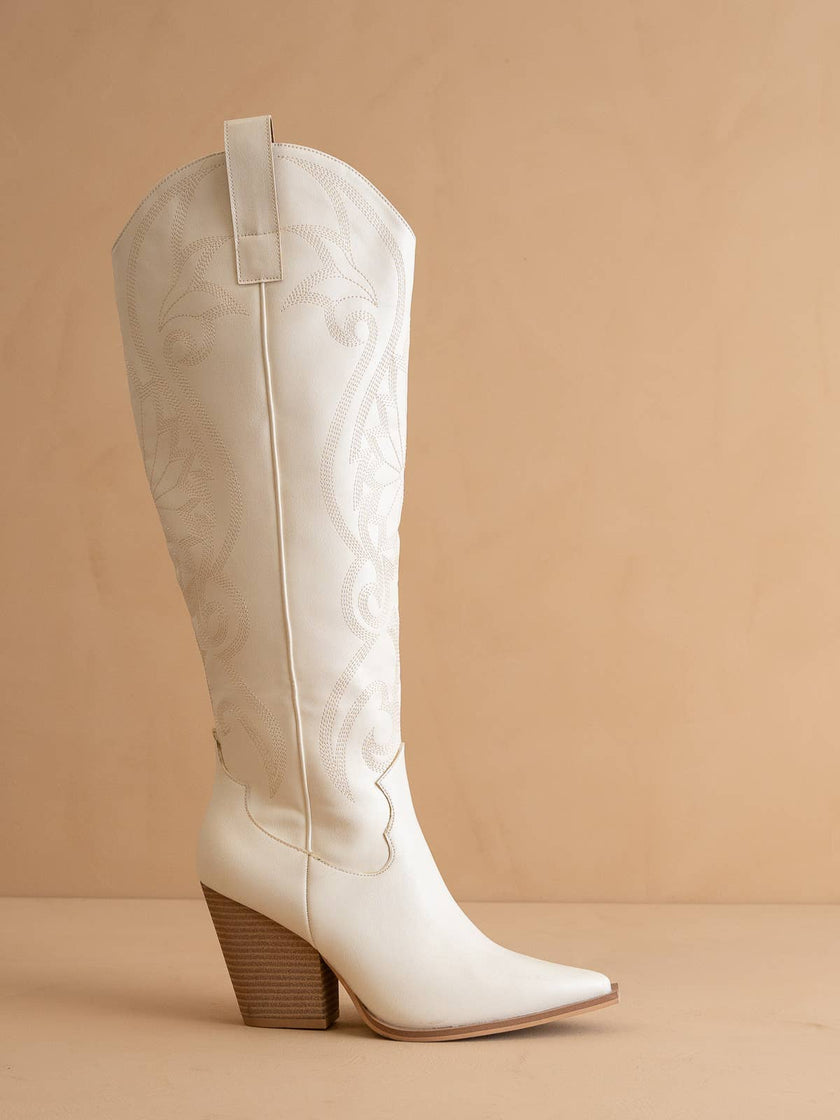 The Astrid White Knee High Cowboy Western Boot side view
