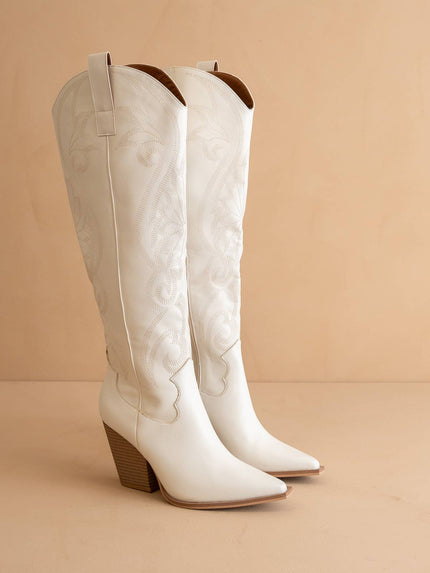 The Astrid White Knee High Cowboy Western Boot pair