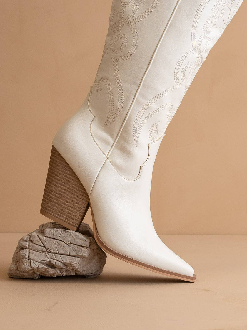 The Astrid White Knee High Cowboy Western Boot side detail