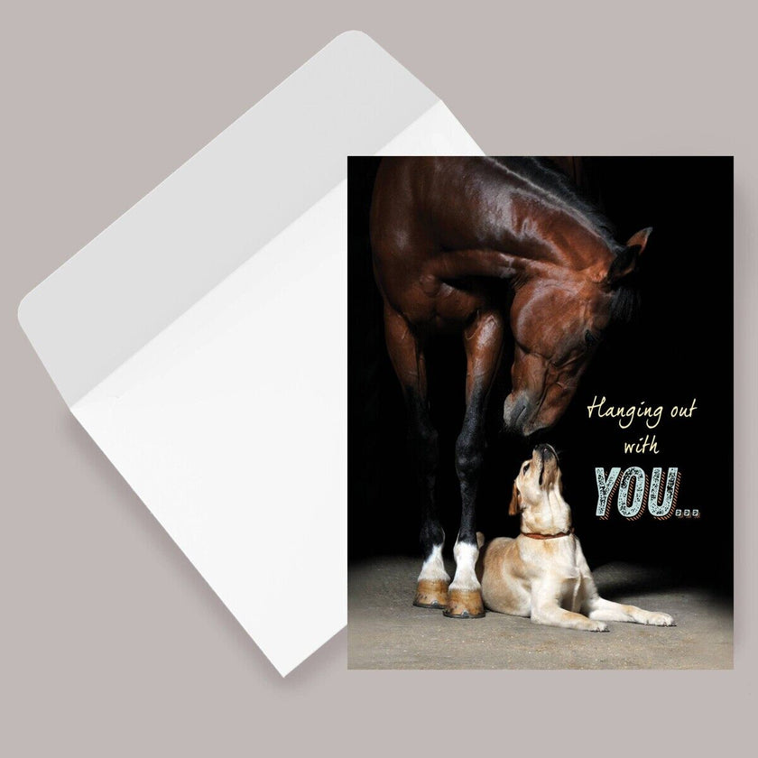 Thinking of You Card - Horse & Dog with a horse and dog on a gray background