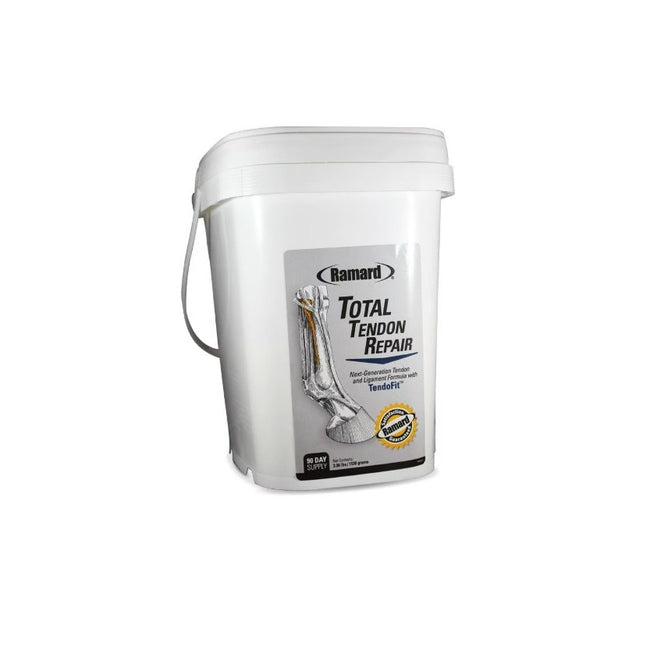 Total Tendon Repair pail of 90 day supply showing horse lower leg tendon 