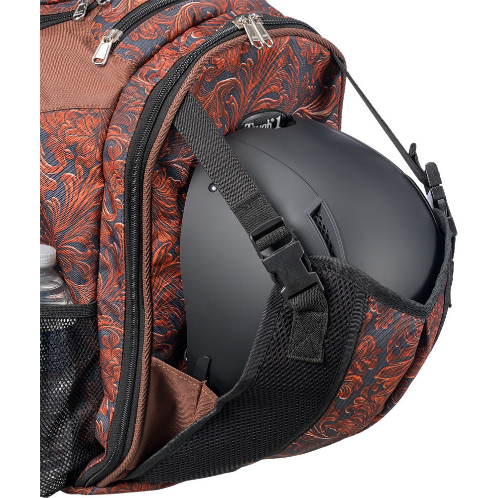 Patterned Tough1 Backpack with a helmet inside the front pouch