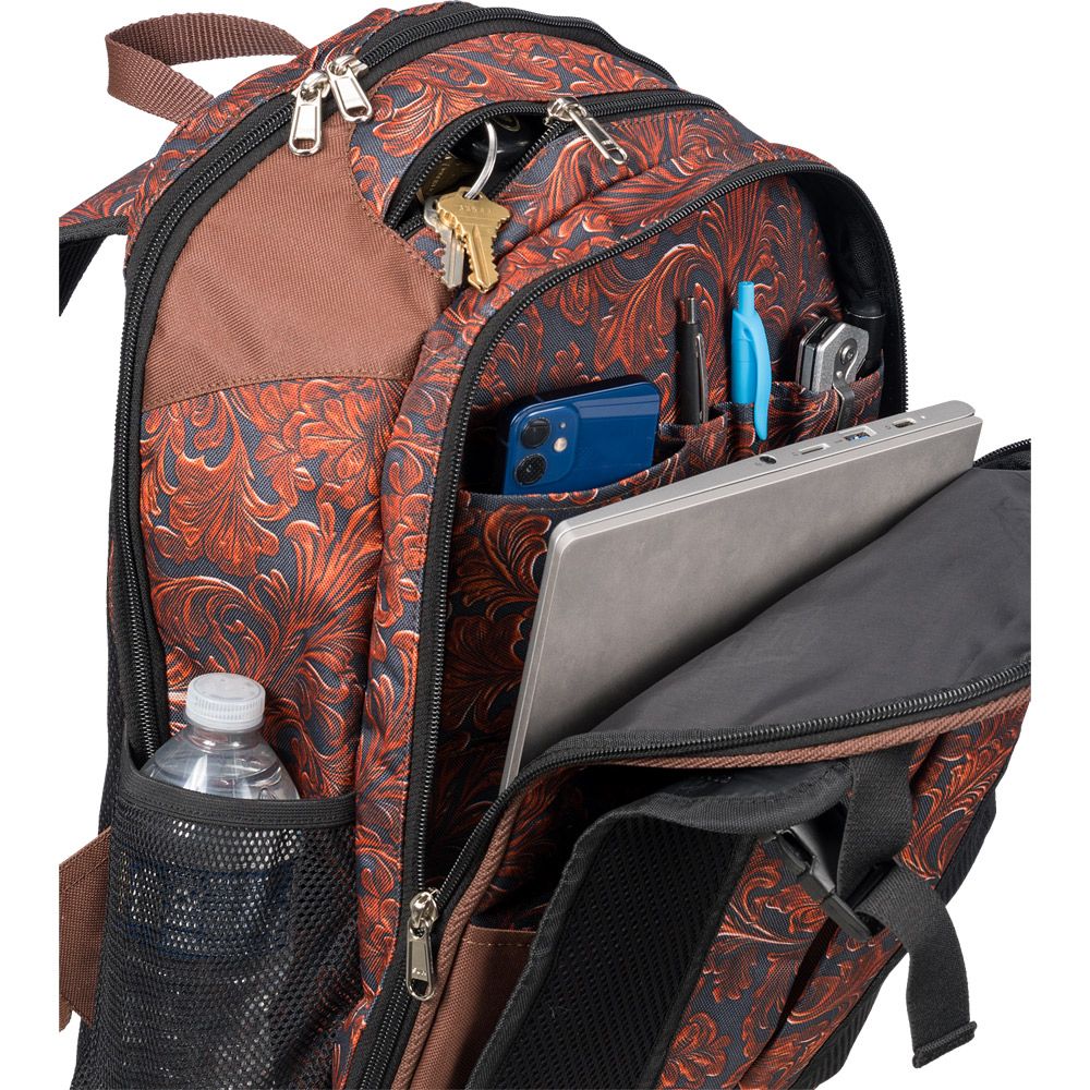 Tough1 Backpack in Prints front zipper pocket open to show organizing pouches