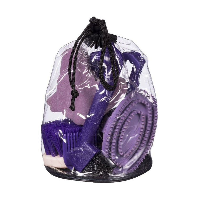 Tough1® 6 Piece Junior Grooming Kit purple inside a clear drawstring carry bag.
