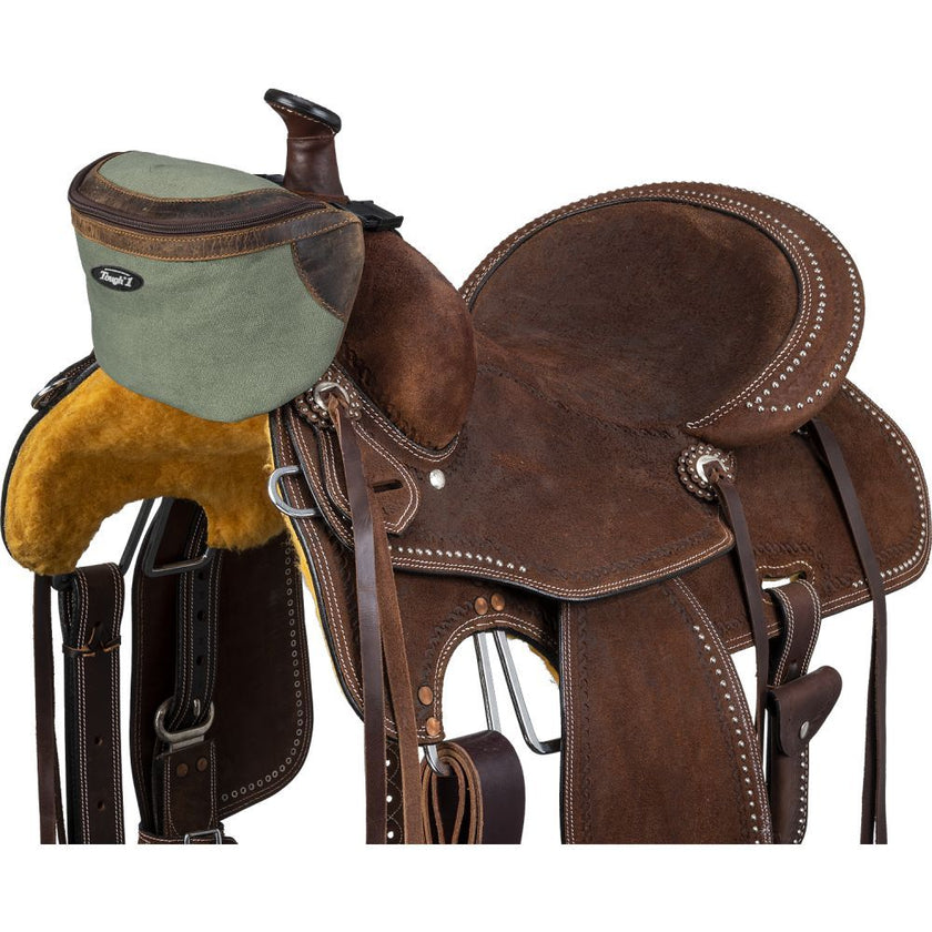 Tough1® Canvas Pommel Bag with Leather Accents Sage shown on a saddle
