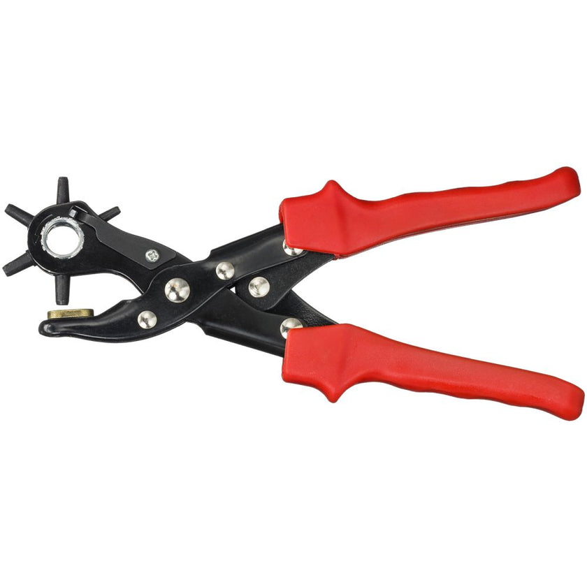 Tough1 Compound Leverage Leather Punch with red handles.