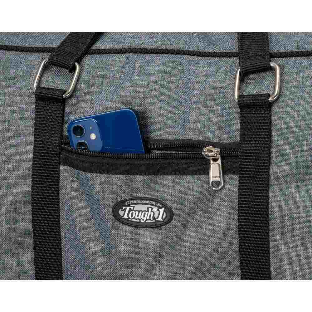 Tough1® Duffel Bag with Boot/Shoe Storage detail of zip pocket with example phone.