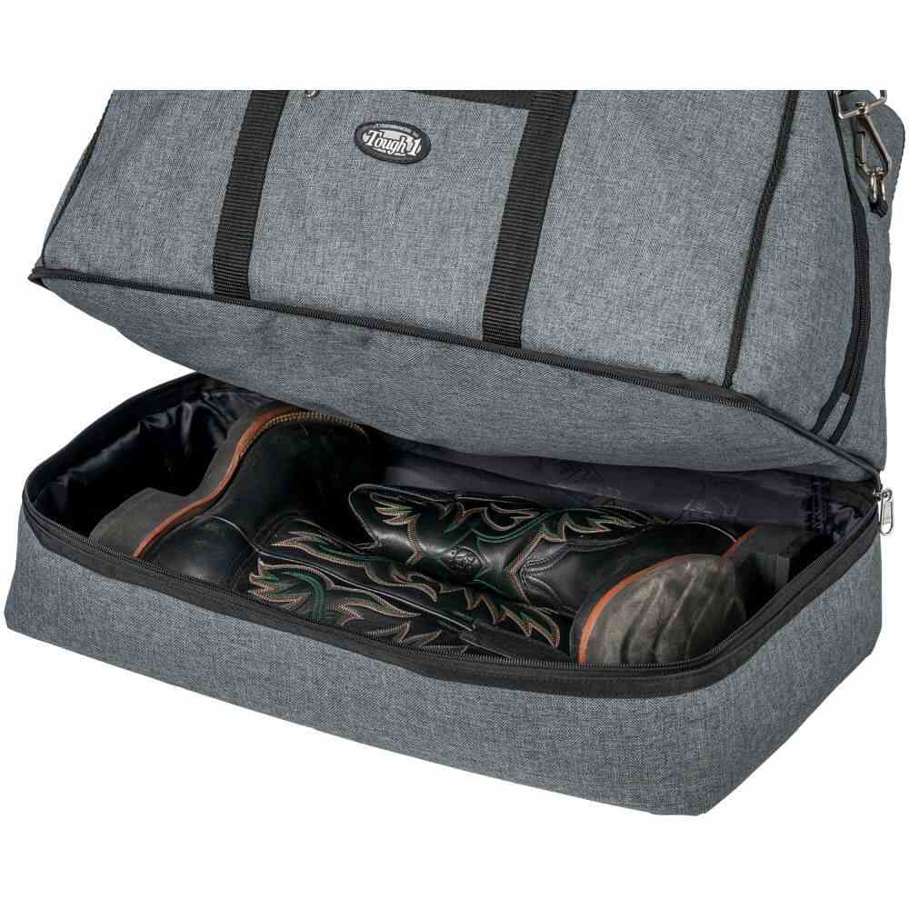 Tough1® Duffel Bag with Boot/Shoe Storage open to show example boots in the bag.