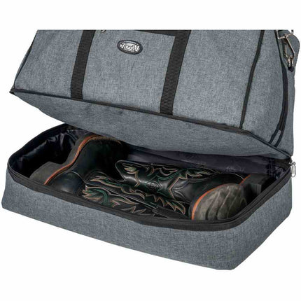 Tough1® Duffel Bag with Boot/Shoe Storage open to show example boots in the bag.