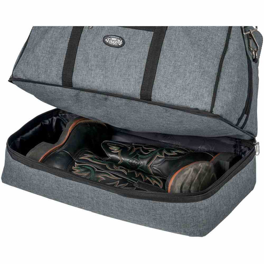 Tough1® Duffel Bag with Boot/Shoe Storage open to show example boots in the bag.