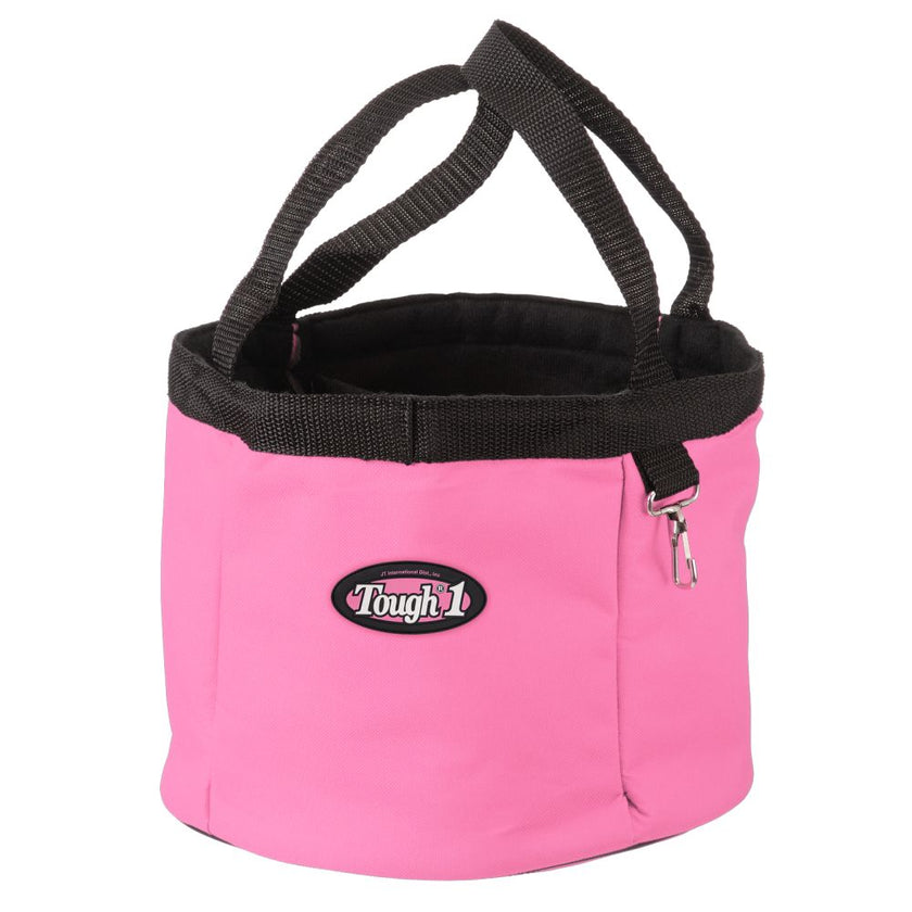 Pink Tough1® Final Touches Grooming Caddy with black handle and Tough 1 logo on a white background