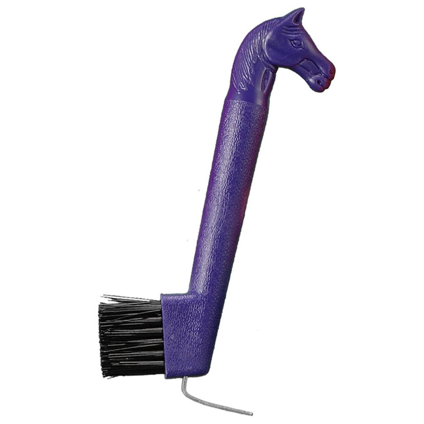 Purple horse-head-shape on the handle of a hoof pick / brush combination tool for cleaning a horse's hoof.