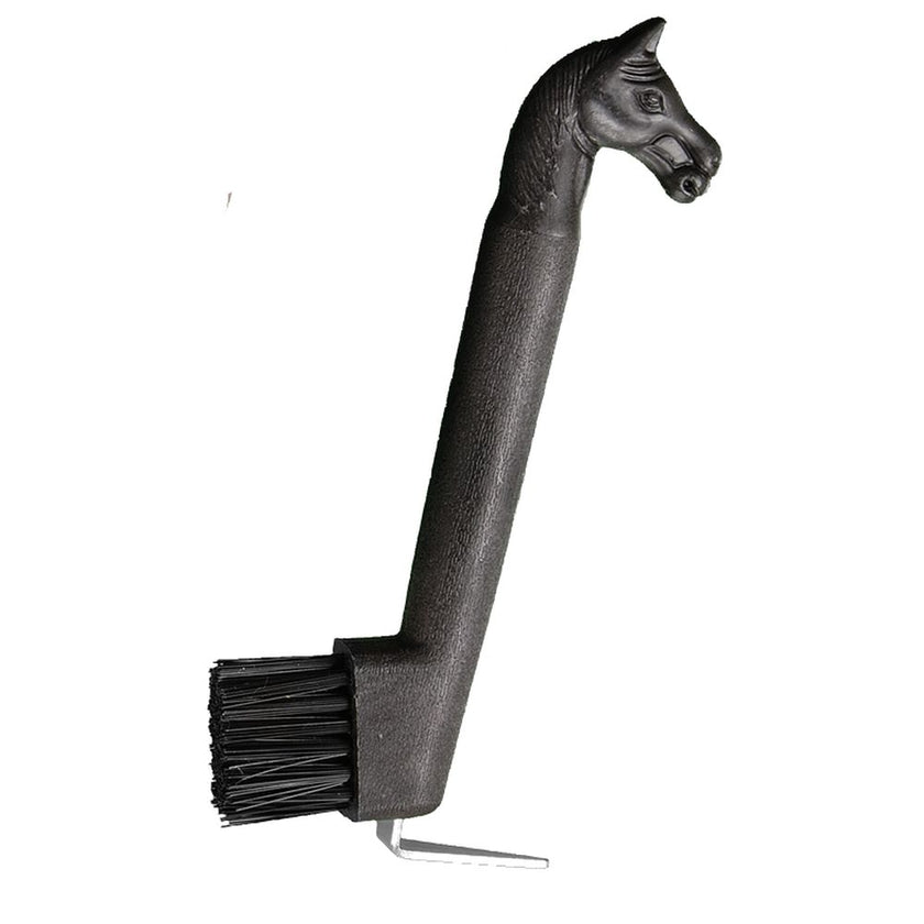Black horse-head-shape on the handle of a hoof pick / brush combination tool for cleaning a horse's hoof.