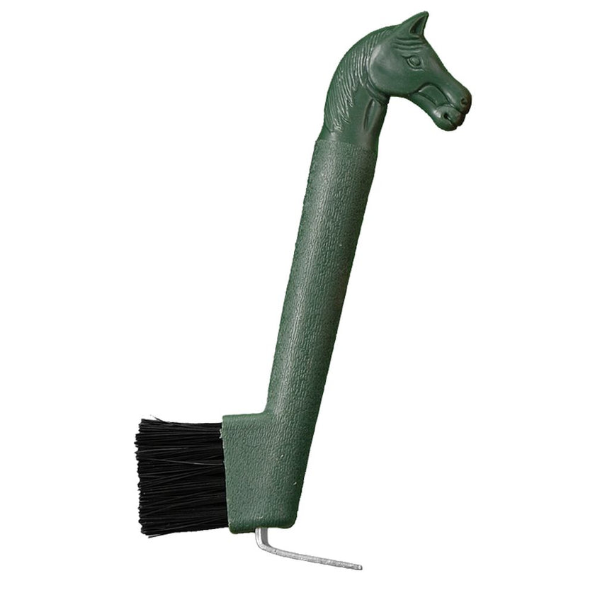 Hunter Green horse-head-shape on the handle of a hoof pick / brush combination tool for cleaning a horse's hoof.