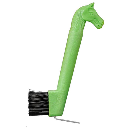 Neon Green horse-head-shape on the handle of a hoof pick / brush combination tool for cleaning a horse's hoof.