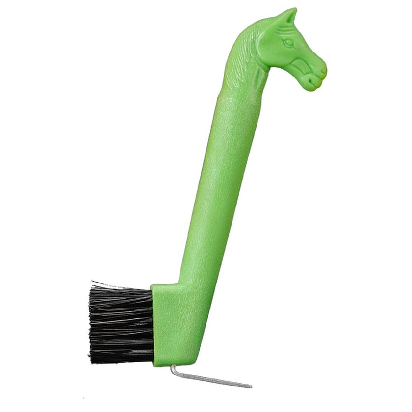 Neon Green horse-head-shape on the handle of a hoof pick / brush combination tool for cleaning a horse's hoof.