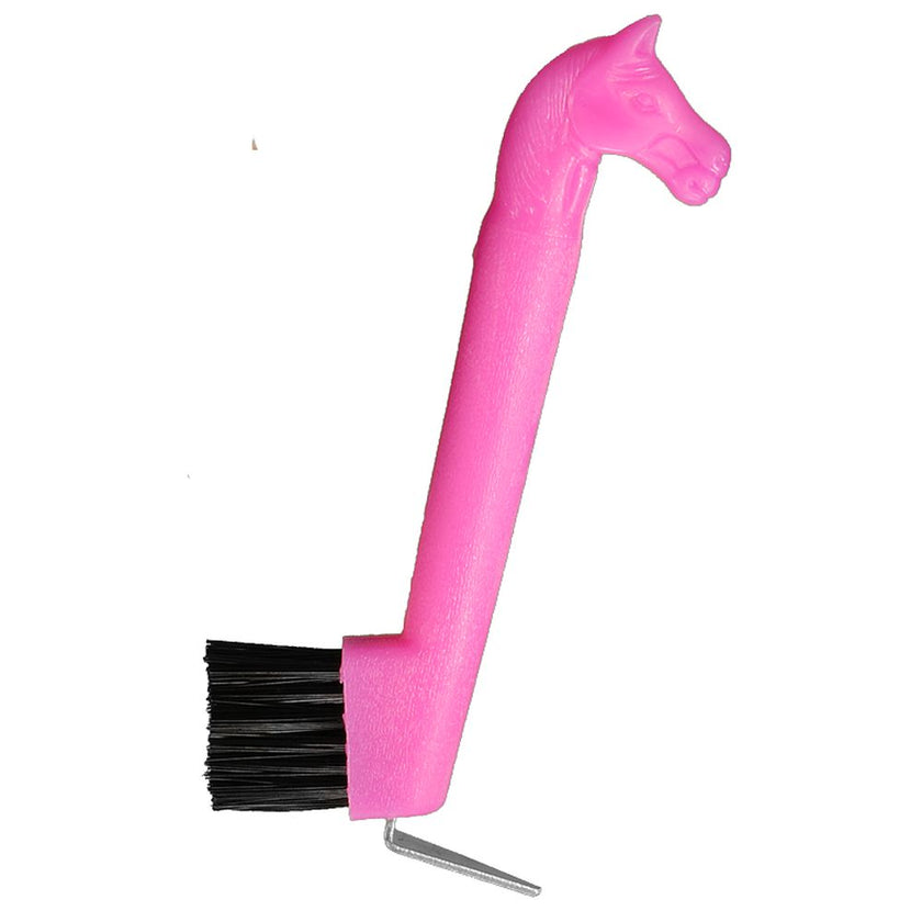 Pink horse-head-shape on the handle of a hoof pick / brush combination tool for cleaning a horse's hoof.