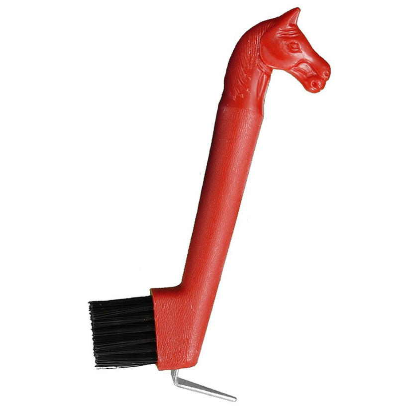 Red horse-head-shape on the handle of a hoof pick / brush combination tool for cleaning a horse's hoof.