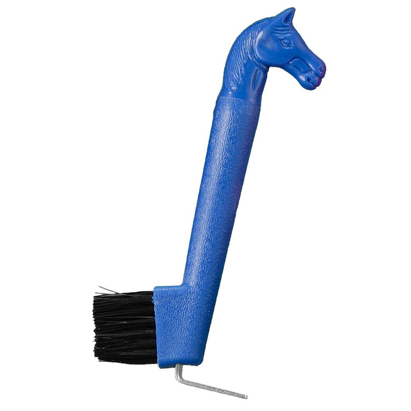 Blue horse-head-shape on the handle of a hoof pick / brush combination tool for cleaning a horse's hoof.