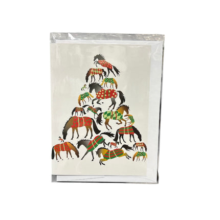Card with a design of horses in patterned blankets on a white background