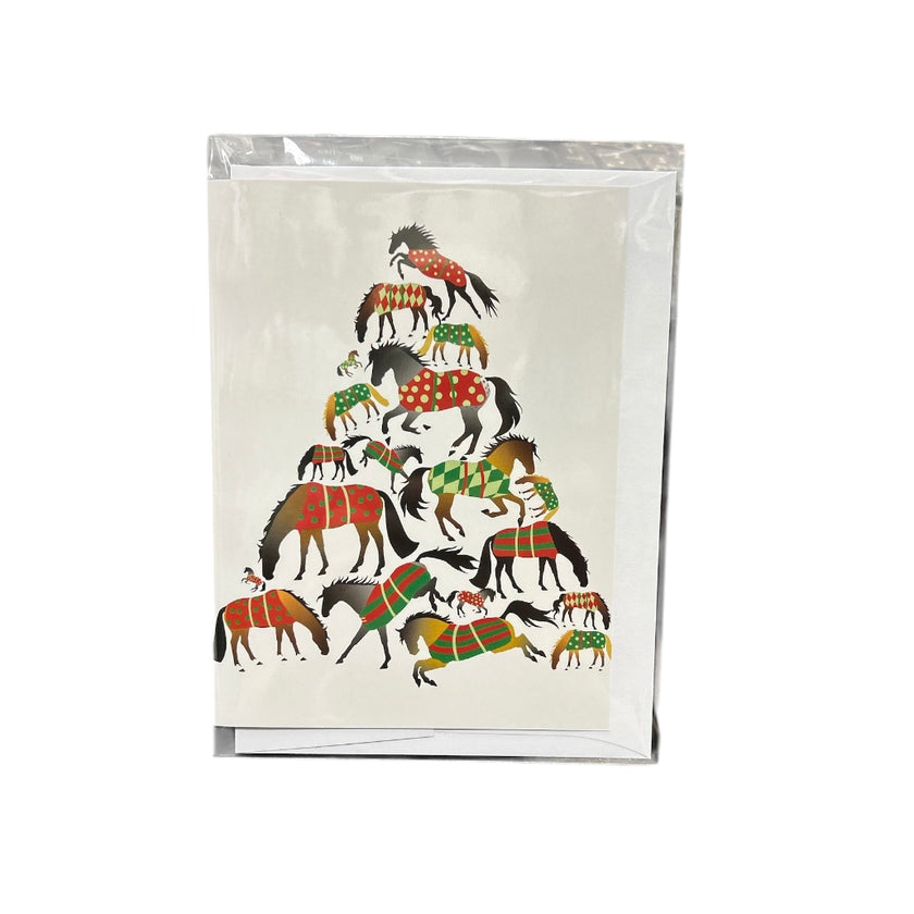 Card with a design of horses in patterned blankets on a white background