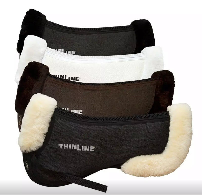 A collection of ThinLine Trifecta half pads with sheepskin rolls in black, brown, natural and white colors, designed to fit under saddles for horse riding.