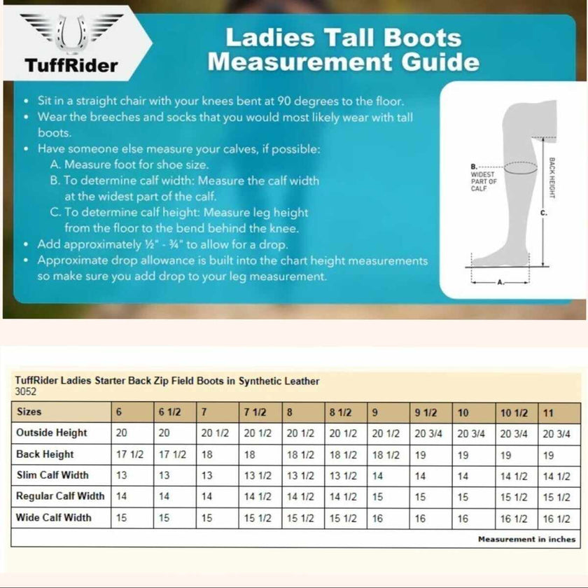 TuffRider® Women's Starter Back Zip Field Boots in Synthetic Leather size and measurement guide