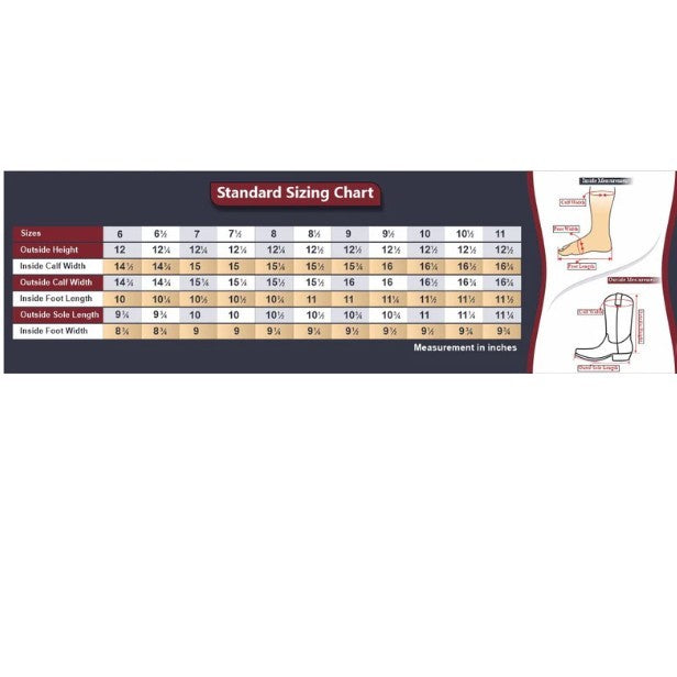 TuffRider® Women's Snip Toe Paris Embroidered Western Boots size chart