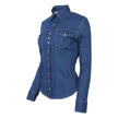 TuffRider® Cody Ladies Western Denim Shirt shown at an angle all buttoned up