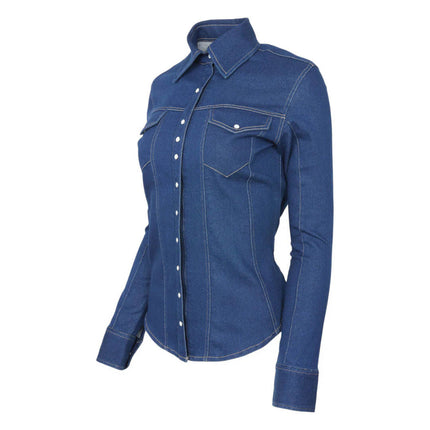 TuffRider® Cody Ladies Western Denim Shirt shown at an angle all buttoned up