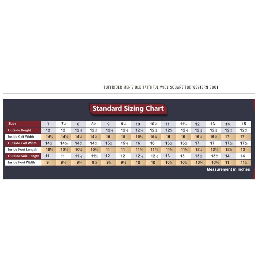 TuffRider® Men's Old Faithful Wide Square Toe Western Boot Sizing Chart