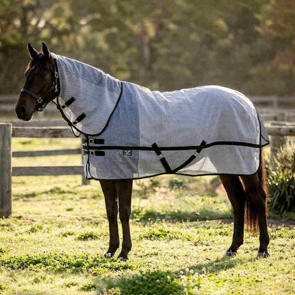 TuffRider® Ripshield Fly Sheet Combo Neck in grey with black trim on a horse at pasture