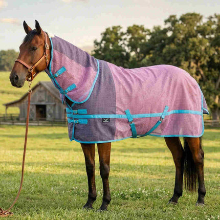 TuffRider® Ripshield Fly Sheet Combo Neck in pink with light blue trim on  a horse at pasture