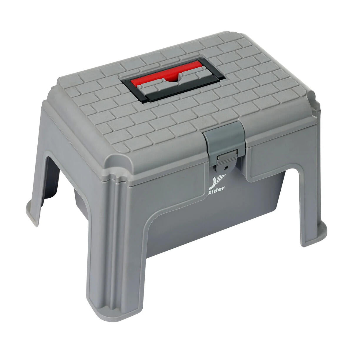 Gray step stool with a red and black handle - TuffRider Super Grooming Box With Stool