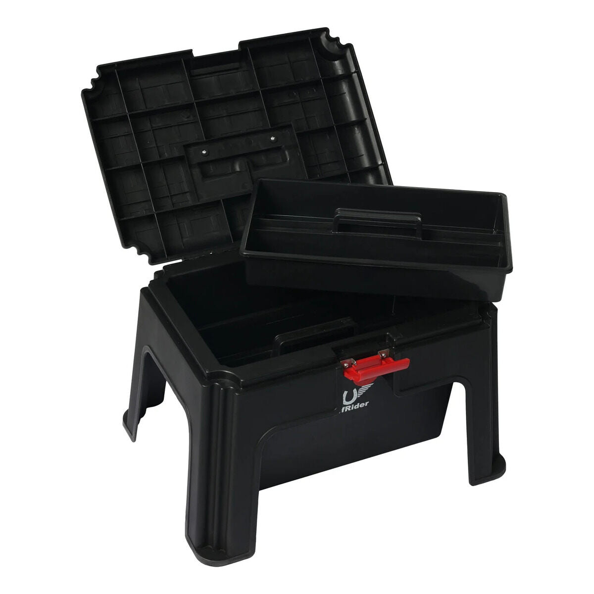Black TuffRider Super Grooming Box With Stool with open lid and tool tray that can be taken out for convenience. 