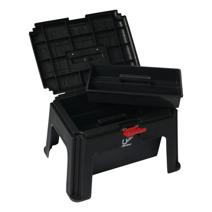 Black TuffRider Super Grooming Box With Stool with open lid and tool tray that can be taken out for convenience. 