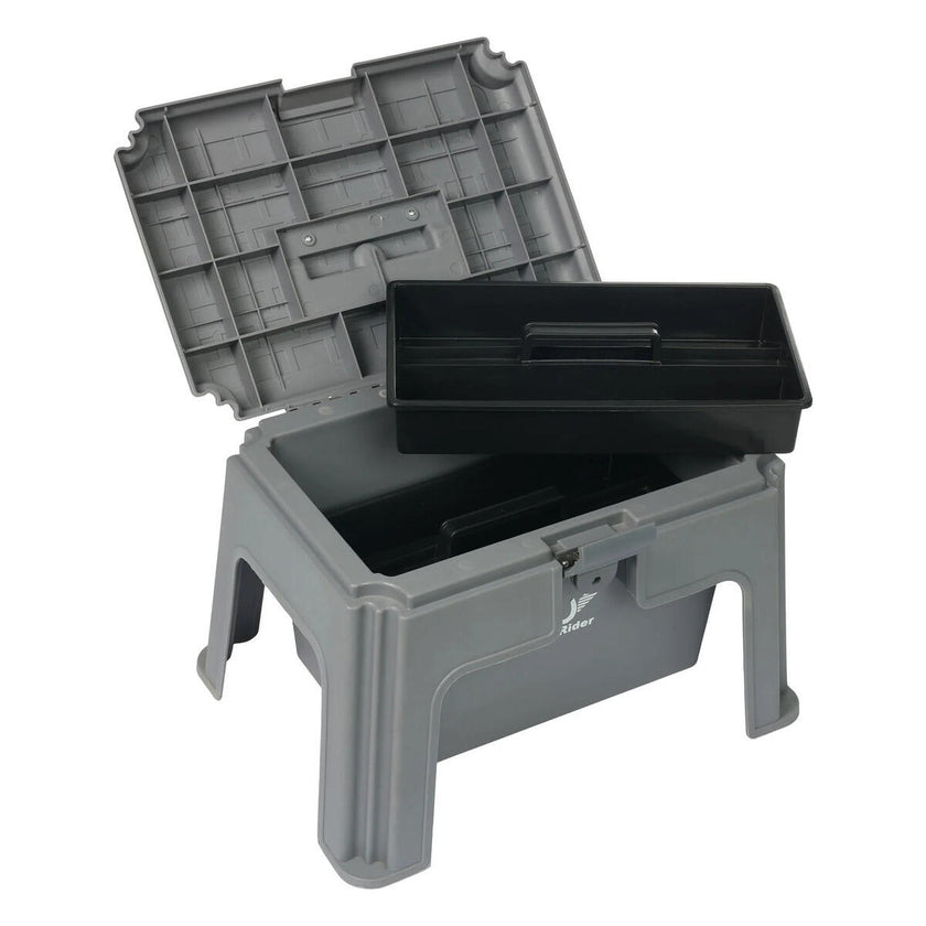 Gray TuffRider Super Grooming Box With Stool with an open lid.